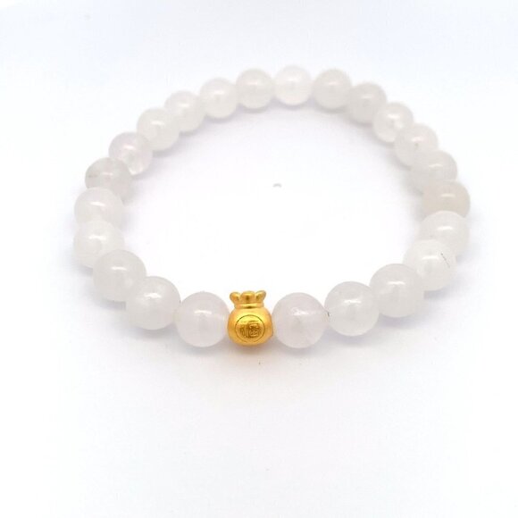 24K Gold Money Bag Lucky Charm Bracelet Gemstones Natural White Jade - Picture 1 of 7
